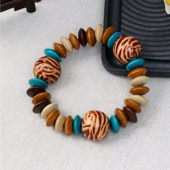 💖  2/$30 Boho chunky brown turquoise wood beaded elastic stretch charm bracelet - Picture 1 of 9
